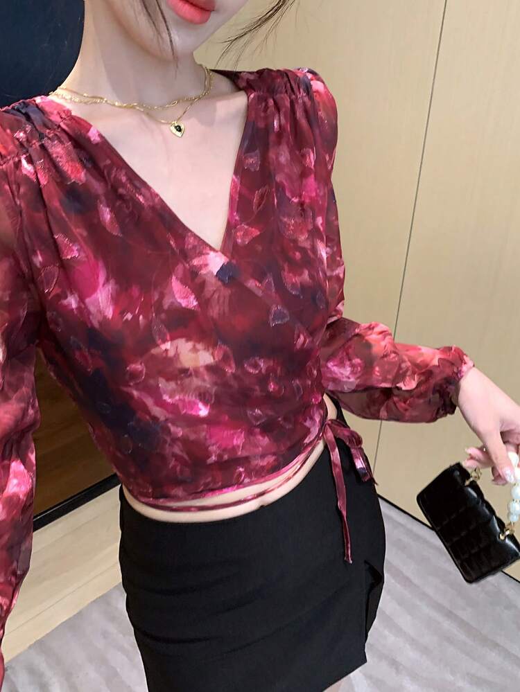 Women's V-Neck Short Sleeve Tie-Front Allover Print Sexy Casual Shirt