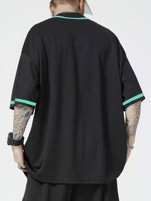 ROMWE MEN Prep Men's Contrast Color V-Neck Front Button Casual Loose Fit Shirt, Versatile For Summer - Black - View 6