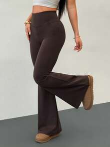SHEIN PETITE Women's High Waist Elastic Yoga Pants, Slimming Fitness Leggings Flared Leggings Brown Pants For Women Bell Bottom Pants Pants Flare Leg Flared Brown Pants,Spring Summer Outfits Dark Brown Flared Pants Womens Flared Trousers