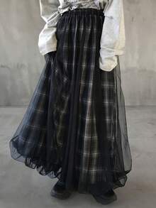 FRIFUL 女士春夏格子拼接薄纱A字宽松休闲百搭半身裙 - 黑色 - 查看 6