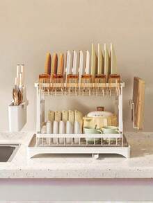 双层厨房置物架，快速排水，带刀叉架、砧板架，保持台面干燥 - 节省空间的多功能碗碟置物架，可放置碗碟，碗碟架 | 时尚金属架 | 耐用厨房用品，厨房收纳整理架。 - 彩色 - 查看 10