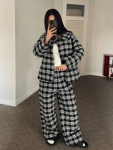 DAZY 女士加厚绗缝格子领睡衣套装，舒适冬季家居服 - 黑與白 - 查看 7