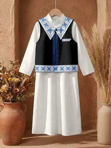 SHEIN 2件套男童经典阿拉伯传统长袍+背心，传统图案印花 - 彩色 - 查看 2