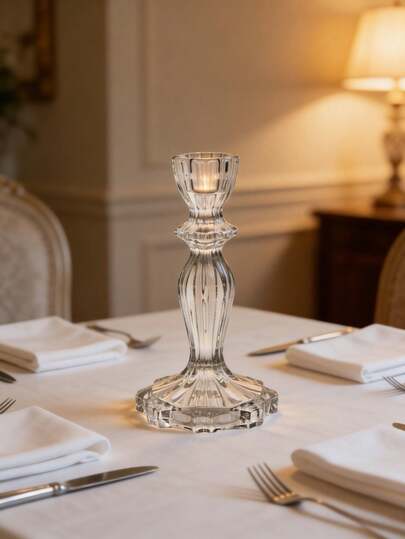 1pc Creative Glass Candlestick Transparent Glassware Diamond Patterned Candlestick Pedestal, Home Decor Centerpiece For Dining Table, Living Room,Wedding