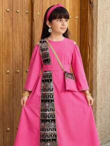 SHEIN Robe à manches longues col rond ample pour préadolescentes avec accessoires - Rose vif - Voir 6