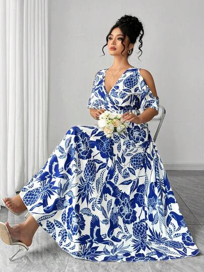 Elenzga Vestido de vacaciones con cuello halter y cruce en el busto para mujer talla grande, estampado de flor de anacardo, silueta de línea A con recogido en la cintura, favorecedora para el abdomen, tela estampada con textura, vestido maxi para primavera/verano, adecuado para graduación, vacaciones, San Valentín, festivales de música, Día de la Madre, Halloween, Acción de Gracias, Pascua, Día Nacional, galas, citas, fiestas, bodas, actividades al aire libre