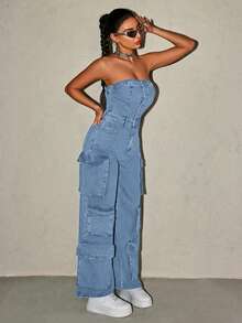 SHEIN ICON Women's Summer Casual Flap Pocket Denim Jumpsuit - Blue - View 6