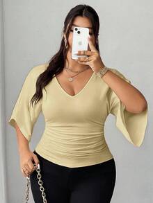 Elenzga Áo thun dáng Pháp thoải mái, đa năng, có phần eo thon gọn, dành cho người có thân hình mũm mĩm. - Màu be - Xem 2