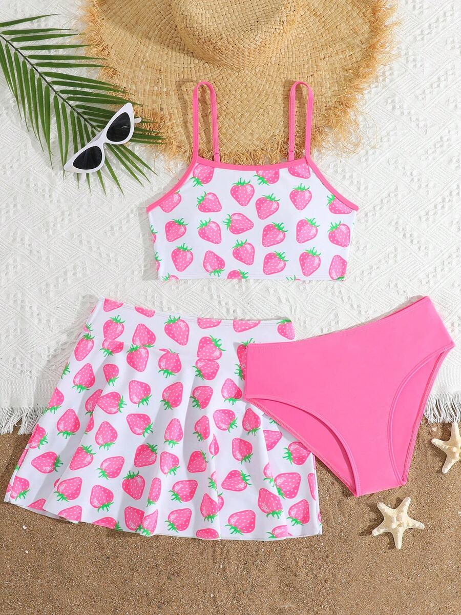 SHEIN Tween Girl Strawberry Print Swimsuit/3 Pieces Set, Beach Vacation - Multicolor - View 1
