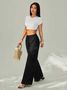 SHEIN PETITE Damen Urlaubs-Lässig einfarbige Hose mit Cut-Out-Muster, Winter Schwarz - Schwarz - Übersicht 3