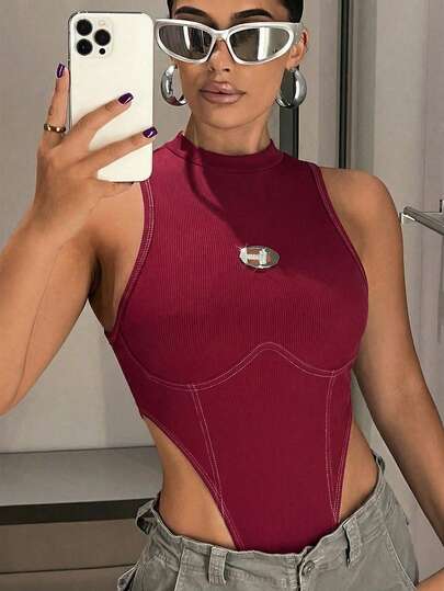 SHEIN ICON 字母拼接细节高领高衩吊带夏季连体衣