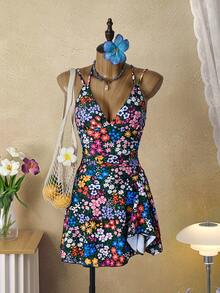 Bellisia 女士碎花可爱可调节肩带小碎花系带连体泳衣 - 彩色 - 查看 1