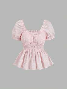 Sweetra Women's Summer Square Collar Structured Embroidered Waist Flared Hem Blouse, Pink - Pink - View 1