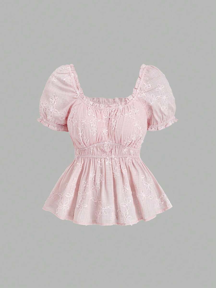 Sweetra Women's Summer Square Collar Structured Embroidered Waist Flared Hem Blouse, Pink - Pink - View 1