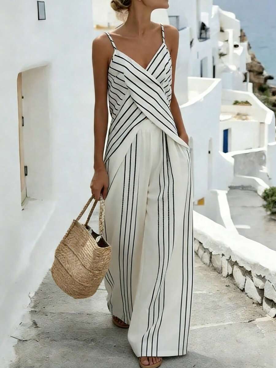 Breezaya 女士新款夏季度假风条纹吊带背心，V领交叉设计搭配飘逸阔腿廓形，轻松打造休闲舒适感！米白色底色搭配黑色细条纹，是希腊小镇/海滨度假的完美慵懒装扮。 - 白色 - 查看 1