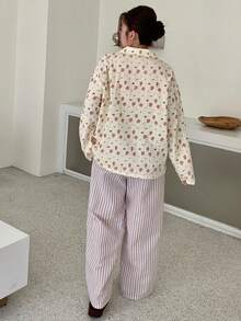 Dazy Plus 2pcs/Set Plus Size Women Cute Cartoon Print Loose Top And Striped Long Pants Pajama Set, Spring/Autumn - Apricot - View 2