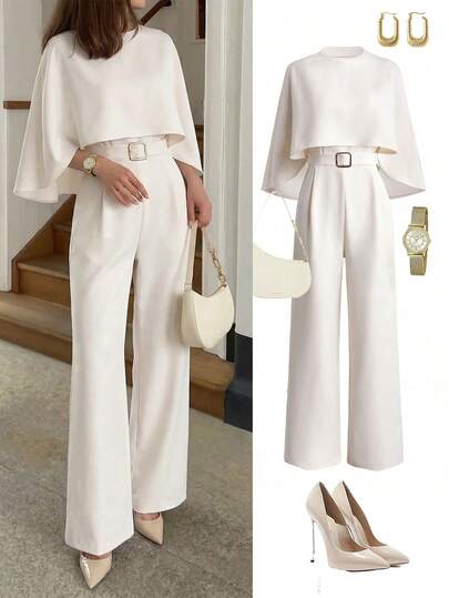 Franclia Dam Vinter Fransk Elegant Elegant Design Rund Halsad Sjalkrage Metallspänne Midjebälte Bantande Casual Jumpsuit