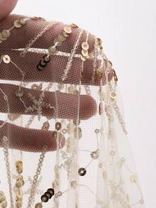 Dazy Plus 大码女式薄纱蕾丝圆领不对称斗篷派对上衣/衬衫 - 金色 - 查看 9