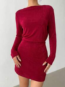 Aloruh Robe mini moulante dos nu à manches évasées, couleur unie, pour femme - Rouge foncé - Voir 4