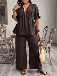 EMERY ROSE Plus Size Women's Brown 2 Pieces Set,V-Neck Short Sleeve Shirt And Wide Leg Pants,Summer Tropical Holiday Mother's Day Outfit Tea Party Casual Set - Brown - View 3