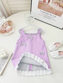 Cute & Elegant Baby Girl Summer Dress,White Colorblock Bow Tie Decor Purple Lavender Lilac Birthday Dress,Spaghetti Strap Birthday Outfit For Baby - Purple - View 10