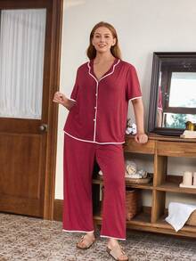 Doze Lane Plus Size Casual American Style Turndown Collar Short Sleeve Loose Soft Pajama Set - Burgundy - View 3