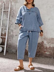 EMERY ROSE Bộ đồ denim cỡ lớn gồm áo dài tay và quần dài (2 món) - Màu xanh lam - Xem 3