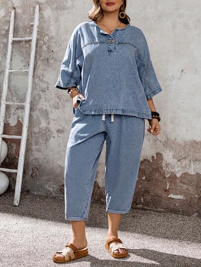 EMERY ROSE Mature Denim Plus Size Denim Long Sleeve Top And Pants 2 Pieces Set,Summer,Valentine's Day,