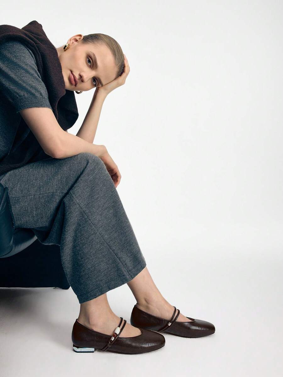 Mnmlis Bailarinas de mujer con decoración, versátiles y cómodas, tipo Mary Jane, para primavera/otoño - Café integral - Ver 1