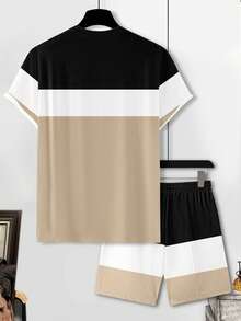 Manfinity Homme 男士皇冠字母印花修身短袖T恤和短裤休闲套装 - 彩色 - 查看 3