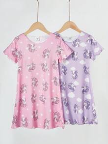 2pcs/Set Girls Cartoon Print Knit Short Sleeve Nightgown Pajamas, Spring/Summer - Multicolor - View 2