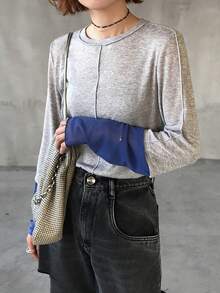 FRIFUL Women's Color Block Round Neck Long Sleeve Cuff Splice Slim Fit Casual Versatile T-Shirt - Light Grey - View 4