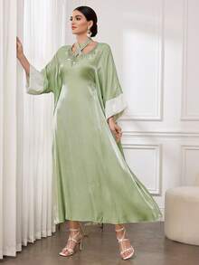 Al Najma 女士优雅奢华缎面串珠V领长袖连衣裙，适合派对和外出穿着 - 綠色 - 查看 5