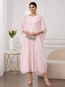 Al Najma Elegant & Chic Party/Banquet/Date Rhinestone Batwing Sleeve Loose Arabic Traditional Long Dress - Pink - View 4