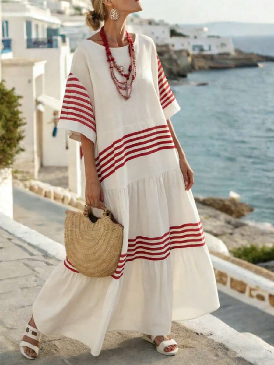 SHEIN Holidaya Women's Dress, Round Neck, Raglan Sleeve, Front & Back Digital Red Stripe Print Design, Cotton-Like Bamboo Fiber Texture, All-Match Style, Casual Daily Wear - Multicolor - View 1