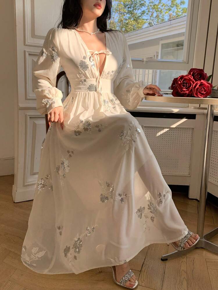 Women's V-Neck Sequin Embroidered Waist Cinched Long Sleeve Elegant Dress Sundress