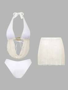 Swim Oasis Women's V-Neck Halter Tie Mesh Two-Piece Suit - Beige - View 8