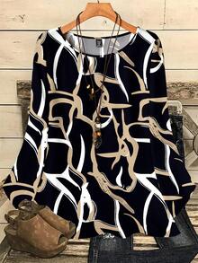 EMERY ROSE Blus Wanita Ukuran Besar Elegan dengan Motif Geometris Abstrak, Kasual, Potongan Longgar, Leher Bulat, Lengan 3/4, Cocok untuk Liburan Musim Semi - MultiWarna - View 3