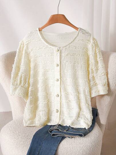 CosyJoli Plus Size Women's Round Neck Open Front Textured Striped Short Sleeve T-Shirt, Black & White Striped Fabric, Comfortable & Fashionable Casual