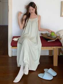 DAZY 绿色清新格子字母印花装饰宽松吊带中长款女士睡裙 - 綠色 - 查看 8