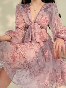 DAZY Đầm dài tay cổ chữ V màu hồng họa tiết hoa kiểu Pháp, chân váy mini chữ A bằng chiffon thắt eo, đầm hè mùa xuân. - Hồng - Xem 7