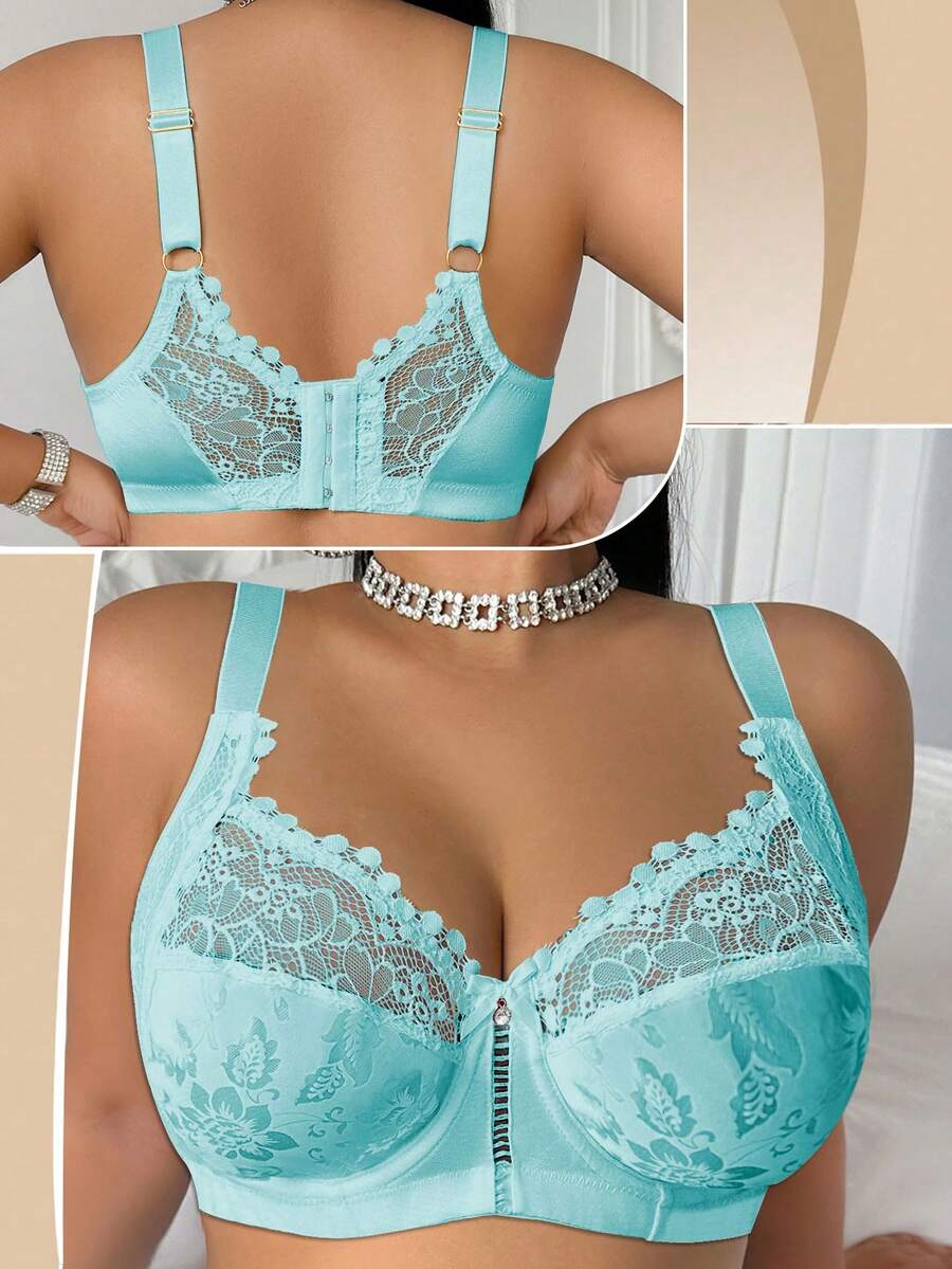 DesireSculpt 1pc Plus Size Lace Patchwork Wireless Bra - Green - View 1
