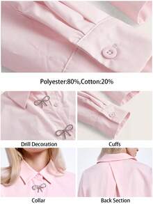 Maija Women's Romantic Elegant Bow Tie Rhinestone Decor Pink Button Up Shirt,Graduation, Holidays - Pink - View 4