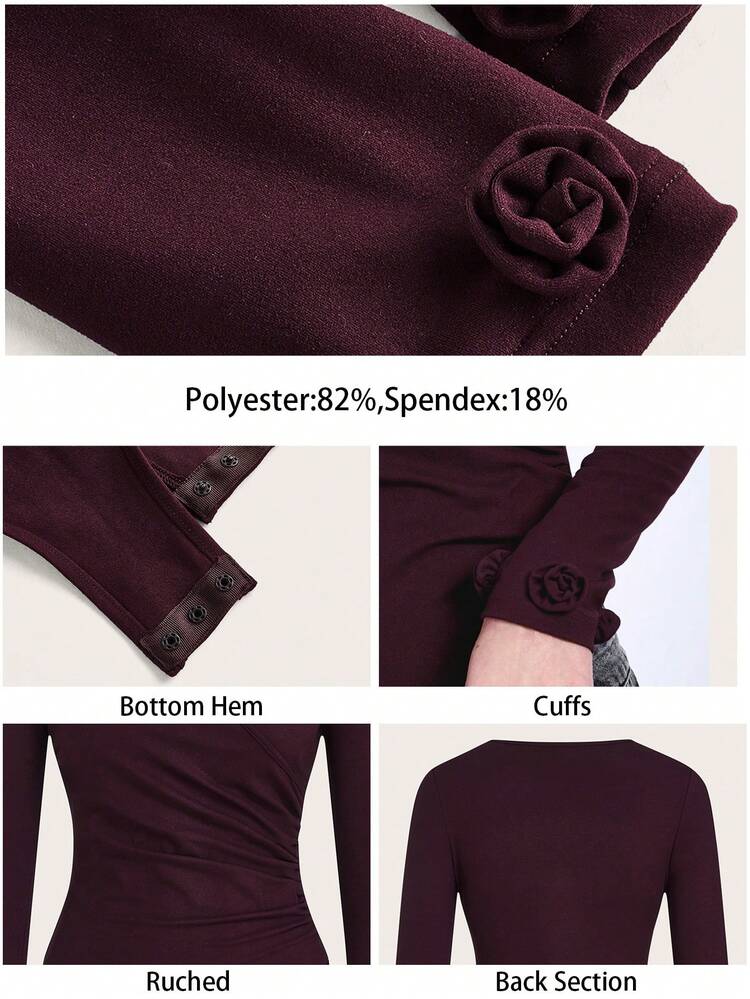 SHEIN Maija V-Ausschnitt geraffter Blumen-Dekor Bodysuit für Frauen, Weinrot, Outfit für Neujahr, Valentinstag, Festivals