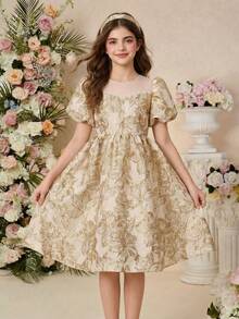 Girls' Elegant White Summer Wedding Short Sleeve Dress With Cute Ditsy Floral,Beaded And Bow Decor,Gold Flower Pattern,For Party And Casual Wear - Champagne - View 7