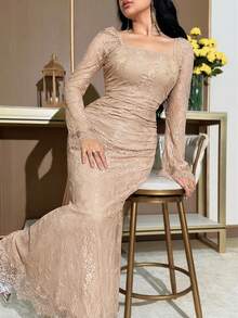 Feyla 女士优雅纯色蕾丝连衣裙 - 卡其色 - 查看 3