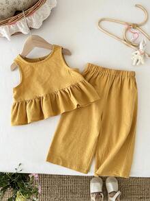 LMoss Kids Baby Girl Summer Casual Solid Color Ruffle Hem Top And Pants Set - Yellow - View 6