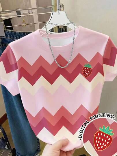 Plus Size Casual Colorblock Print Short Sleeve T-Shirt, Summer