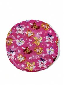 The Winx X SHEIN Mũ trùm đầu chăm sóc tóc hai lớp màu hồng hoa hồng dành cho nữ, mũ ngủ bằng vải satin co giãn rộng, in hình hoạt hình, mềm mại và thoải mái, phù hợp để đội hàng ngày ở nhà và khi ngủ. - Màu Hồng Tươi - Xem 3