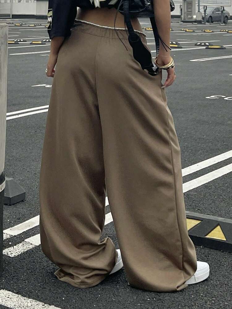 Women's Casual Sports Patchwork Contrast Color Elastic Waist Pleated Loose Wide Leg Sweatpants